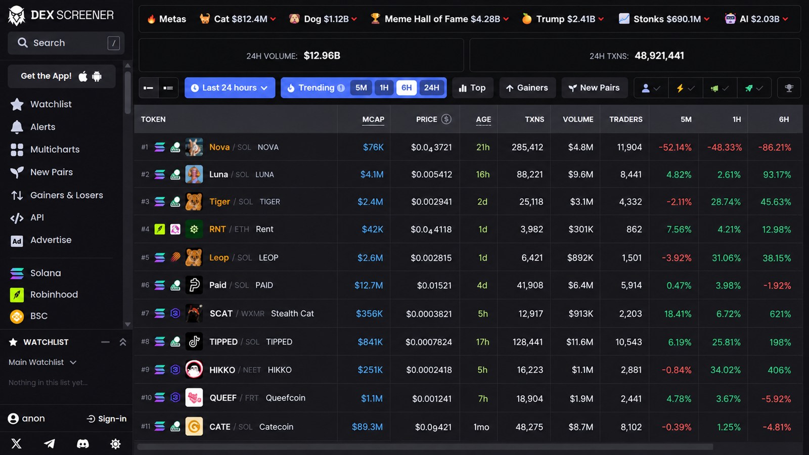 DEX Screener main screen