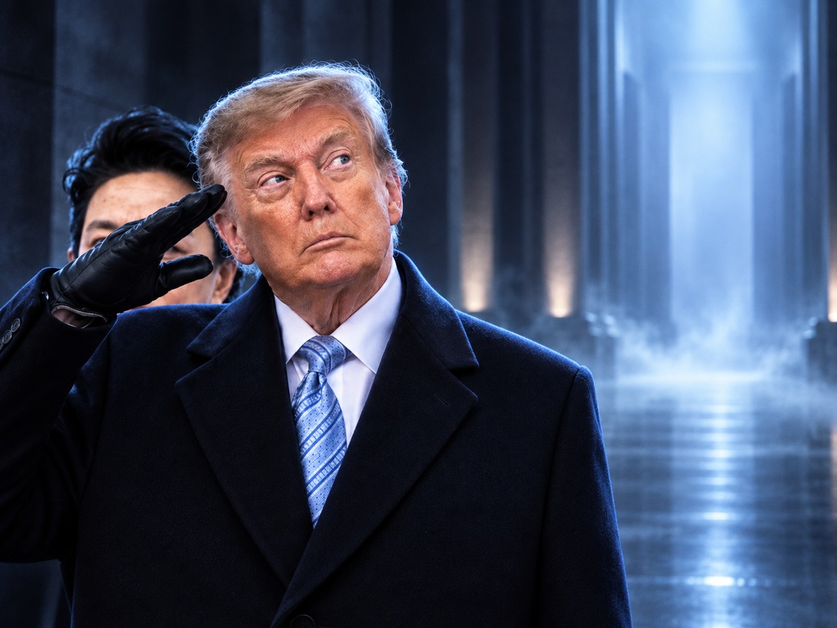 Cinematic fictional briefing scene with the upward look and black-gloved signal